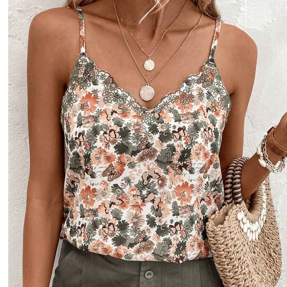 039 Boho Floral Butterfly Print Adjustable Strap Cami Tank Top - Picture 3 of 6